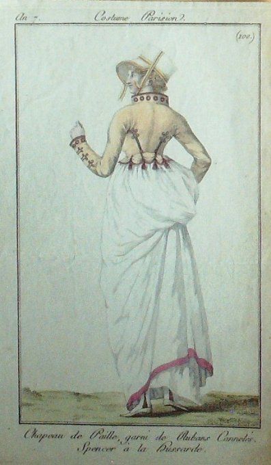 Gravure Mode Costume Parisien 1798 an  7 # 100 (eau forte old Fashion plate
