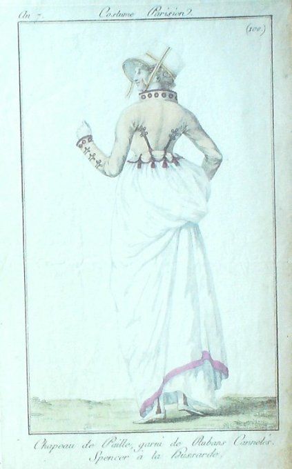 Gravure Mode Costume Parisien 1798 an  7 # 100 (eau forte old Fashion plate