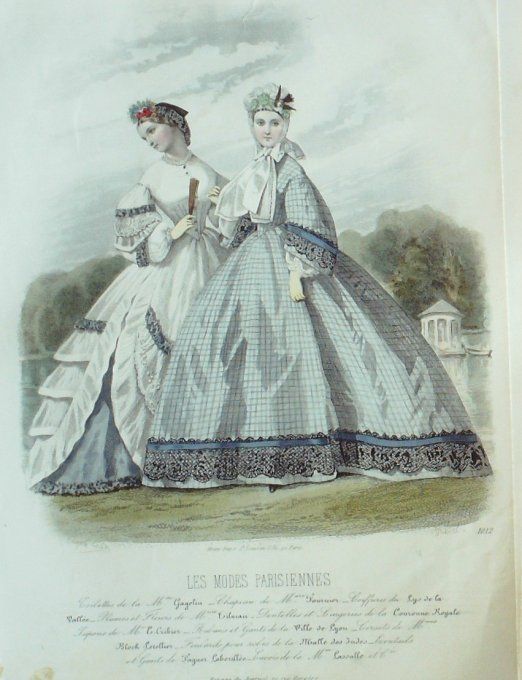 Gravure Les Modes Parisiennes 1862 #1012 Robes en tissu Maison Gagelin