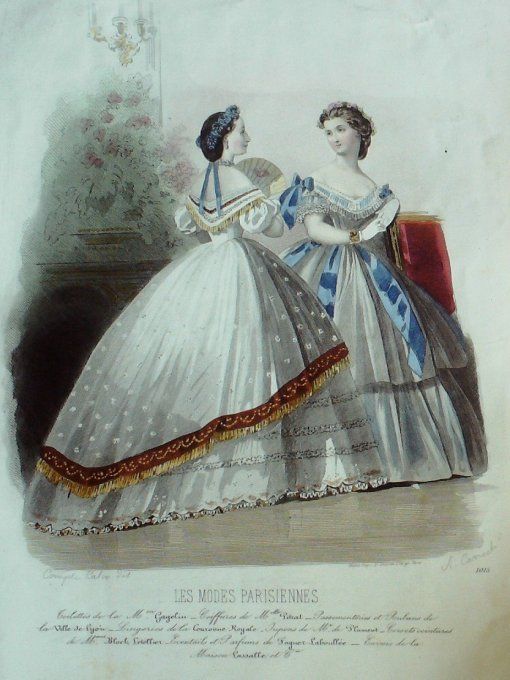 Gravure Les Modes Parisiennes 1862 #1015 Robes en Tulle Maison Gagelin
