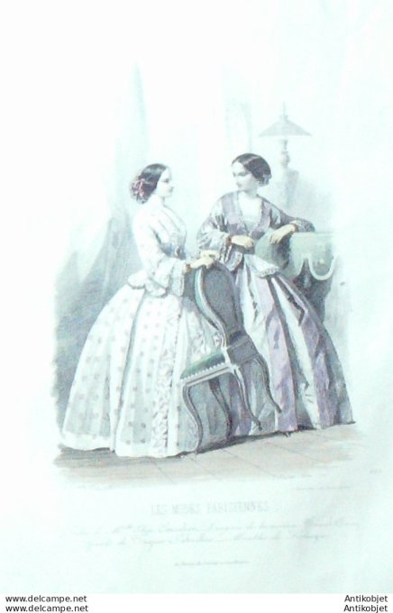 Gravure Les Modes Parisiennes 1850 # 603 Robes gros de Naples Chevalier