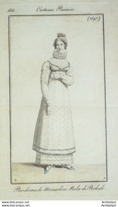 Gravure de mode Costume Parisien 1816 n°1597 Robe perkale