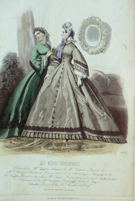 Gravure Les Modes Parisiennes 1862 #1025 Robes tissu de Turin Maison Gagelin