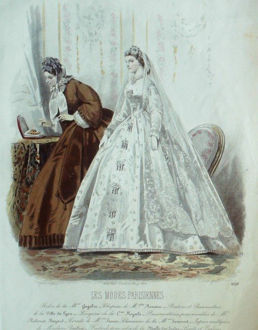 Gravure Les Modes Parisiennes 1862 #1028 Robes Mariée Maison Gagelin