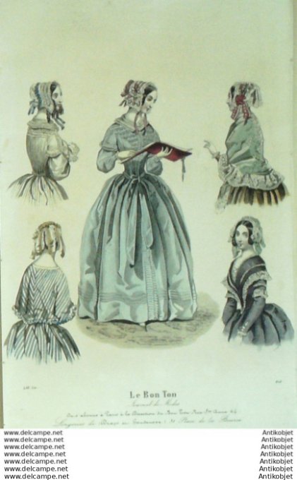 Gravure Mode Le Bon Ton 1843 # 828 (aquarelle old fashion plate)