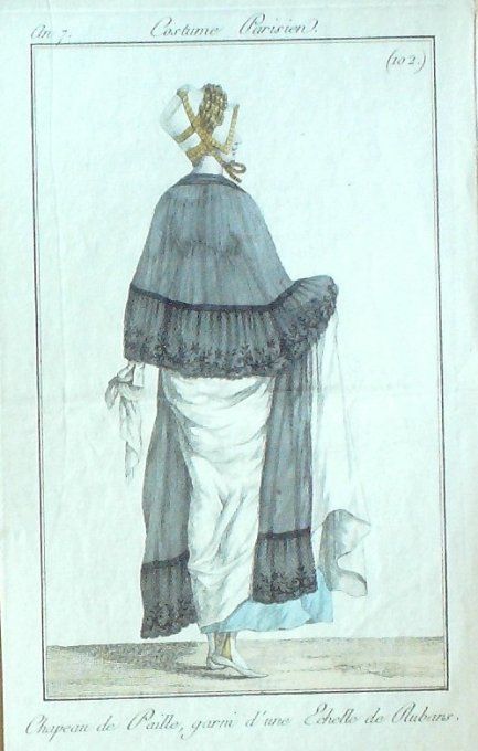 Gravure Mode Costume Parisien 1798 an  7 # 102 (eau forte old Fashion plate