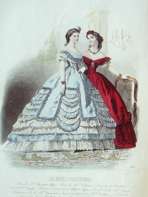 Gravure Les Modes Parisiennes 1862 #1035 Robes de bal Maison Ghys