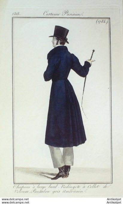 Gravure de mode Costume Parisien 1818 n°1784 Redingote homme à collet de velours