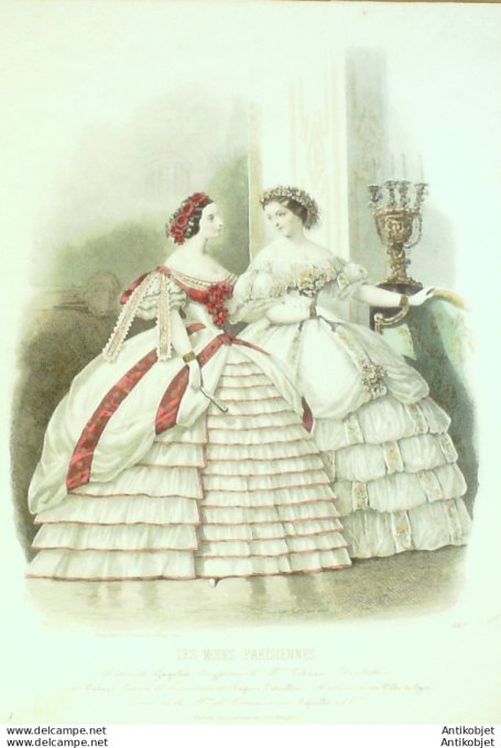 Gravure Les Modes Parisiennes 1860 # 887 Toilettes de cour Maison Gagelin