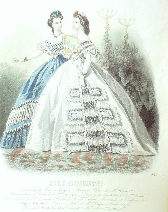 Gravure Les Modes Parisiennes 1863 #1040 Robes de bal Maison Gagelin