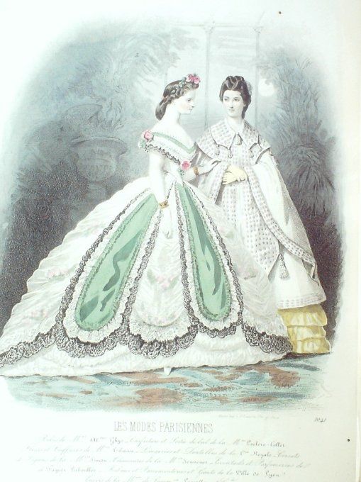 Gravure Les Modes Parisiennes 1863 #1041 Robes de bal Maison Gagelin