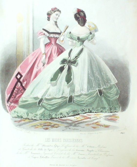 Gravure Les Modes Parisiennes 1863 #1045 Robes brodées Maison Ghys