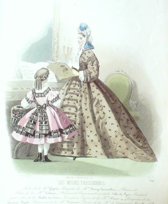 Gravure Les Modes Parisiennes 1863 #1047 Robes foulard & lin Maison Cagelin