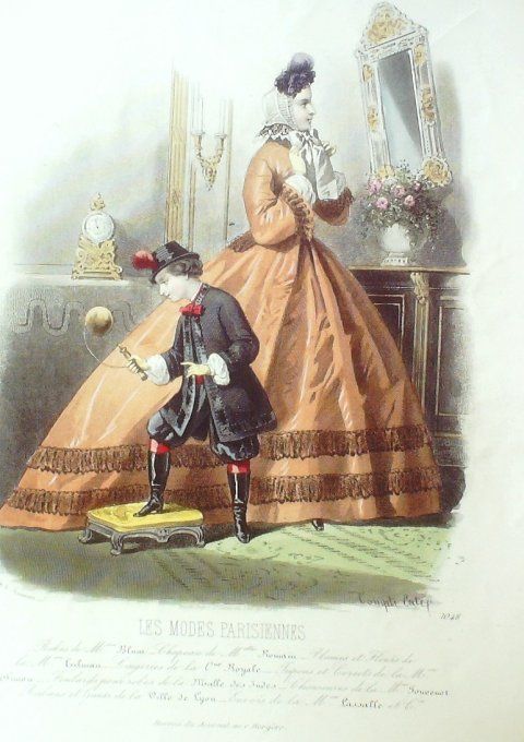 Gravure Les Modes Parisiennes 1863 #1048 Costume & robe velours Maison Blum