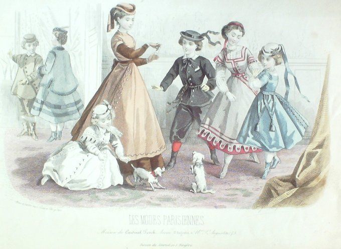 Gravure Les Modes Parisiennes 1863 #1049 Costumes enfants Maison Cardinal Fesch
