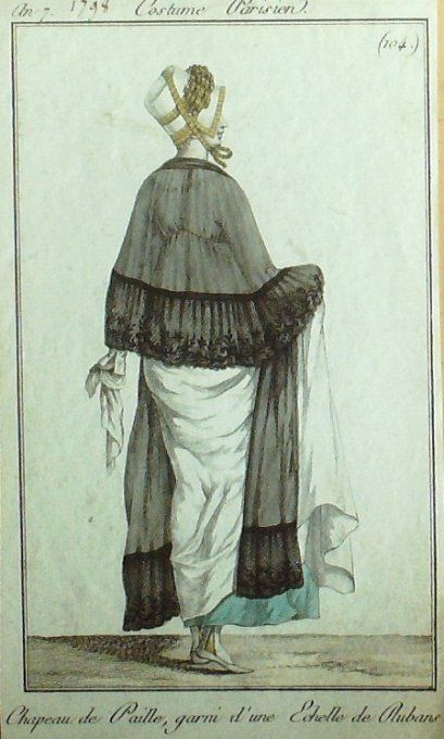 Gravure Mode Costume Parisien 1798 an  7 # 104 (eau forte old Fashion plate