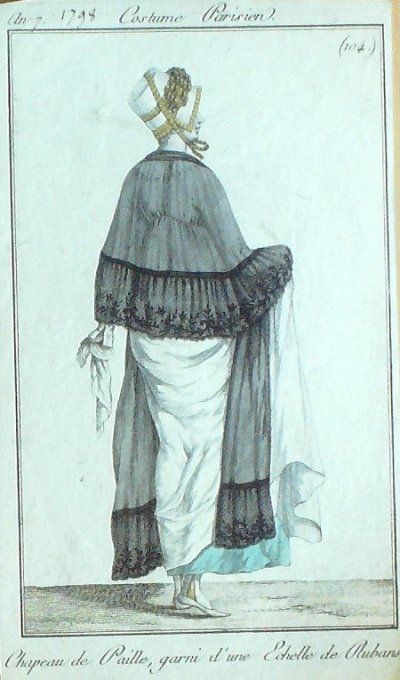 Gravure Mode Costume Parisien 1798 an  7 # 104 (eau forte old Fashion plate
