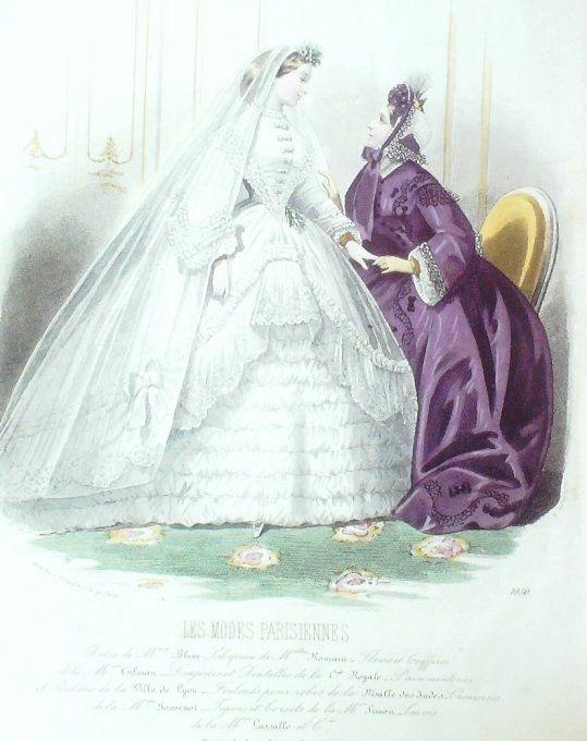 Gravure Les Modes Parisiennes 1863 #1050 Robe de Mariée Maison Blum