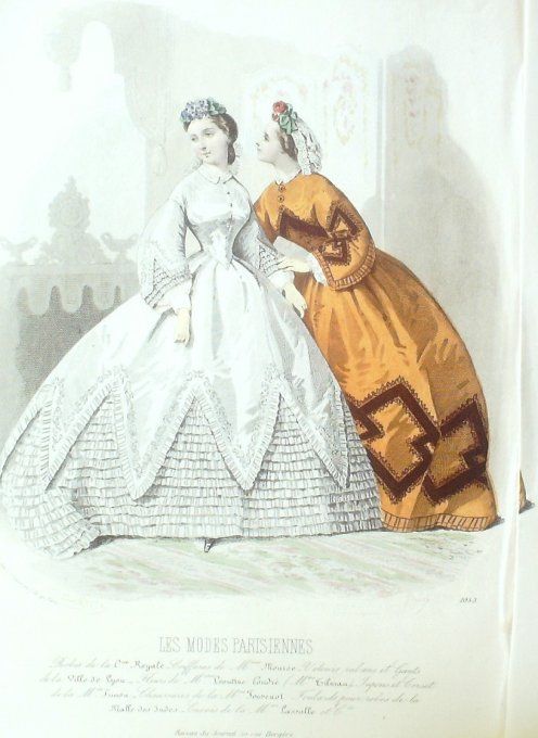 Gravure Les Modes Parisiennes 1863 #1053 Robes satin Cie Royale
