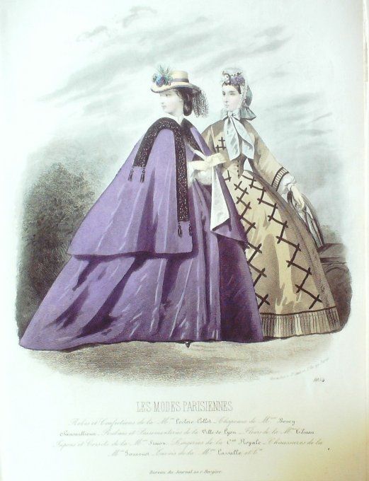Gravure Les Modes Parisiennes 1863 #1054 Robes gros de Lyon Maison Collot
