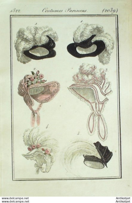 Gravure de mode Costume Parisien 1822 n°2039 Coques toquets coques bonnets