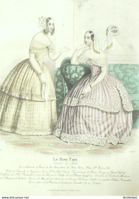 Gravure Mode Le Bon Ton 1843 # 825 (aquarelle old fashion plate)
