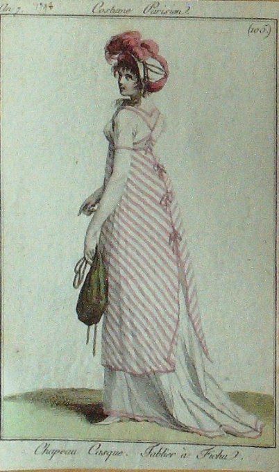Gravure Mode Costume Parisien 1798 an  7 # 105 (eau forte old Fashion plate
