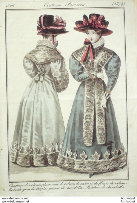 Gravure de mode Costume Parisien 1826 n°2374 Robe gros de Naples et chinchilla Palatine