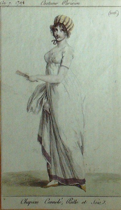 Gravure Mode Costume Parisien 1798 an  7 # 106 (eau forte old Fashion plate