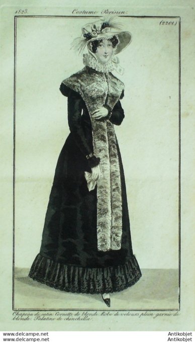 Costume Parisien 1823 # 2201 Robe velours garnie et cornette