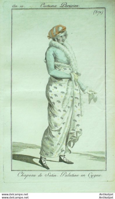 Gravure de mode Costume Parisien 1802 n° 371 (An 10) Palatine en cygne