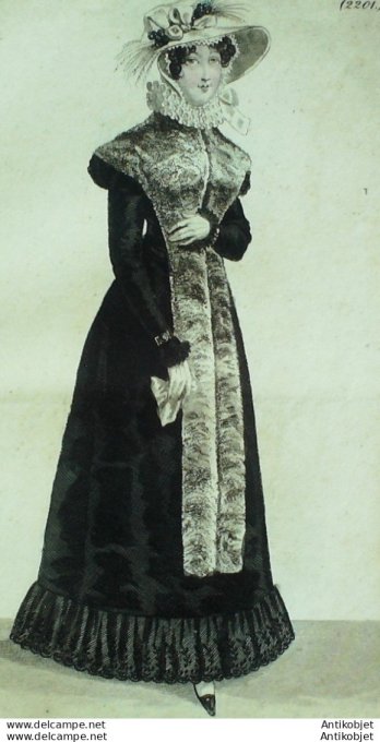 Gravure de mode Costume Parisien 1823 n°2201 Robe velours garnie et cornette