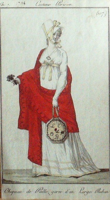 Gravure Mode Costume Parisien 1798 an  7 # 107 (eau forte old Fashion plate