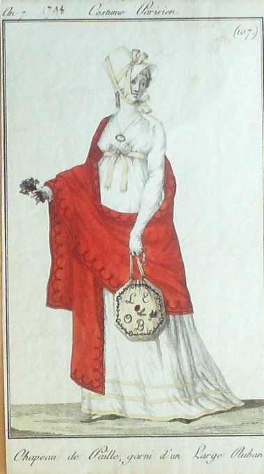 Gravure Mode Costume Parisien 1798 an  7 # 107 (eau forte old Fashion plate