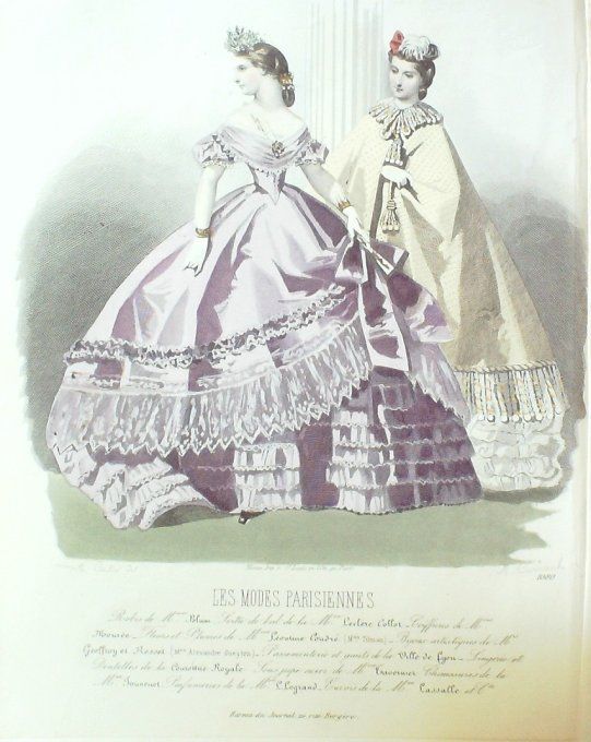 Gravure Les Modes Parisiennes 1863 #1080 Robes satin Maison Blum