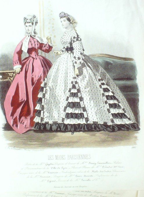 Gravure Les Modes Parisiennes 1863 #1081 Robes crêpe Maison Cagelin