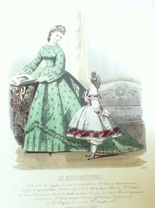 Gravure Les Modes Parisiennes 1863 #1085 Robe satin Maison Cagelin