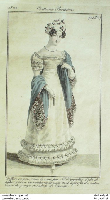 Gravure de mode Costume Parisien 1822 n°2038 Robe de satin garnie