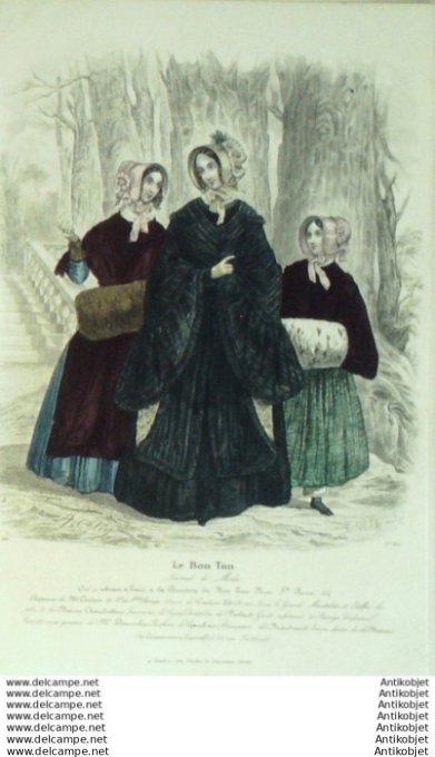 Gravure Mode Le Bon Ton 1843 # 821 (aquarelle old fashion plate)