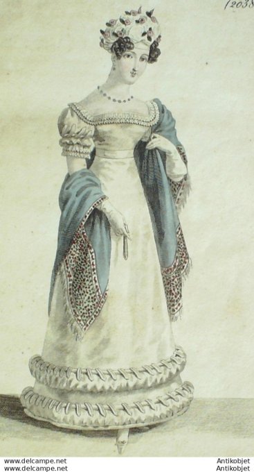 Gravure de mode Costume Parisien 1822 n°2038 Robe de satin garnie