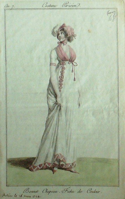 Gravure Mode Costume Parisien 1798 an  7 # 108 (eau forte old Fashion plate