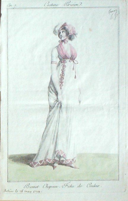 Gravure Mode Costume Parisien 1798 an  7 # 108 (eau forte old Fashion plate