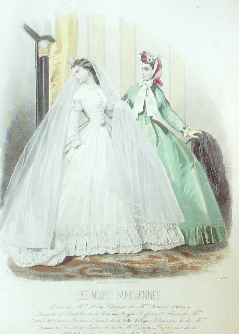 Gravure Les Modes Parisiennes 1863 #1095 Robe de mariée Maison Blum
