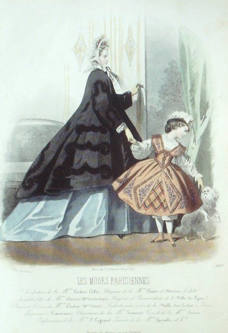 Gravure Les Modes Parisiennes 1863 #1097 Toilettes velours Maison Leclère-Collot Chien