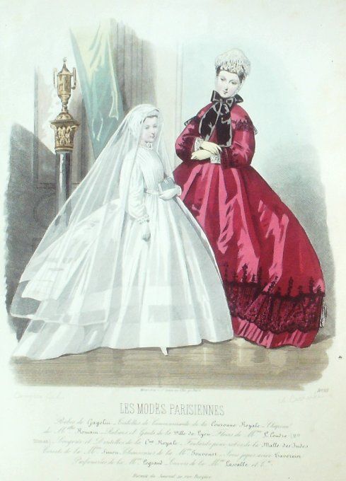 Gravure Les Modes Parisiennes 1863 #1098 Robe communiante Maison Cagelin