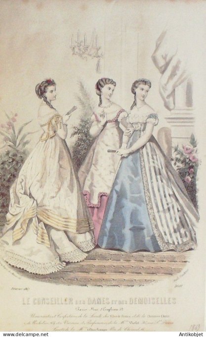 Gravure Mode Conseiller des Dames 1867 #  2 (aquarellee Old Fashion plate)