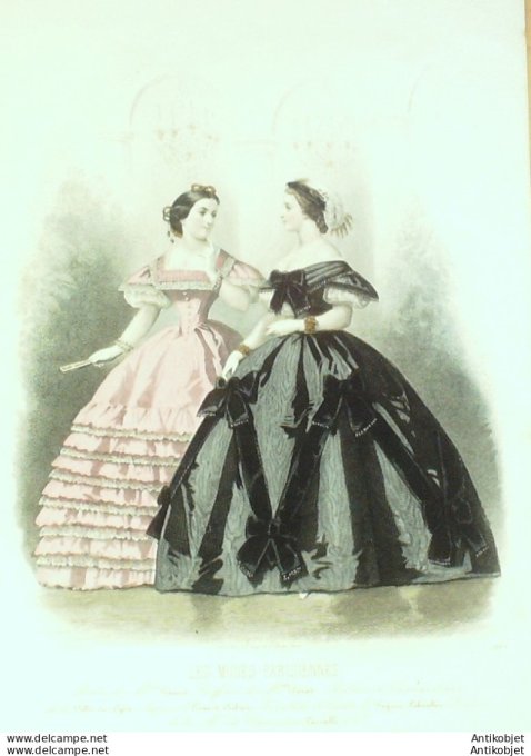 Gravure Les Modes Parisiennes 1860 # 889 Robes de soiréeMaison Fauvet