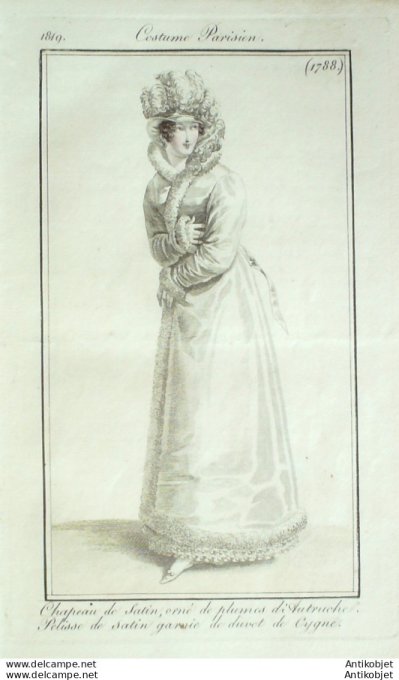 Gravure de mode Costume Parisien 1819 n°1788 Pelisse de satin  garnie de duvet