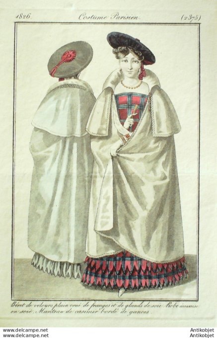 Gravure de mode Costume Parisien 1826 n°2375 Manteau casimir Robe écossaise