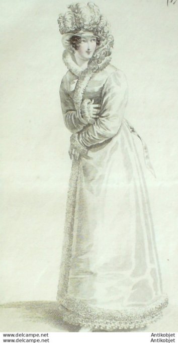 Gravure de mode Costume Parisien 1819 n°1788 Pelisse de satin  garnie de duvet